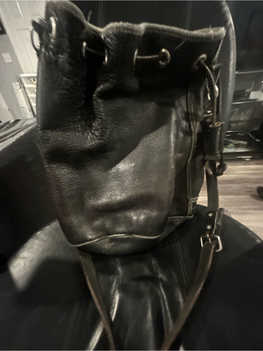 Vintage Rugby Black Leather Drawstring Bucket Bag North America